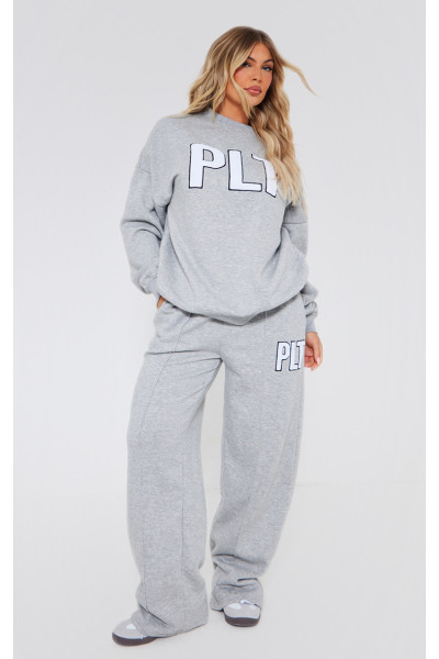 PrettyLittlething Ash Grey Borg Applique Applique Wide Neg Jogger