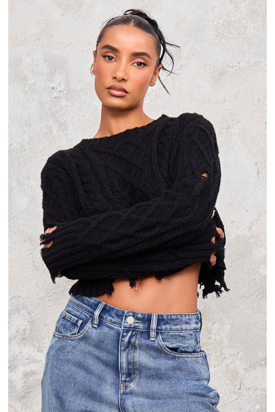 Чорний укорочений джемпер із в’язаними ґудзиками з пошкодженим тросом